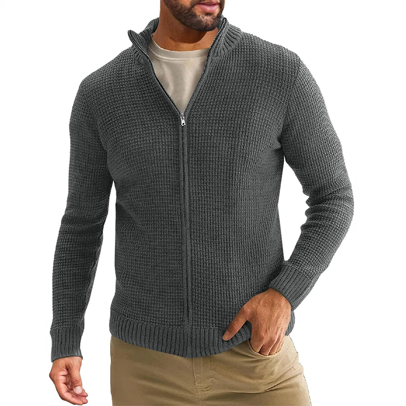 Men's Casual Solid Color Stand Collar Zipper Knit Cardigan MTA0459H5X