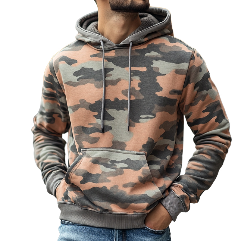 Men's Retro Casual Camouflage Print Drawstring Hoodie 87295487TO