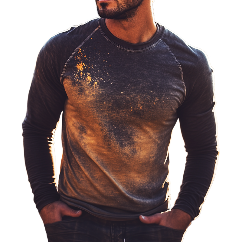Men's Retro Casual Explosion Print Round Neck Long Sleeve T-shirt MTA3037G3TO