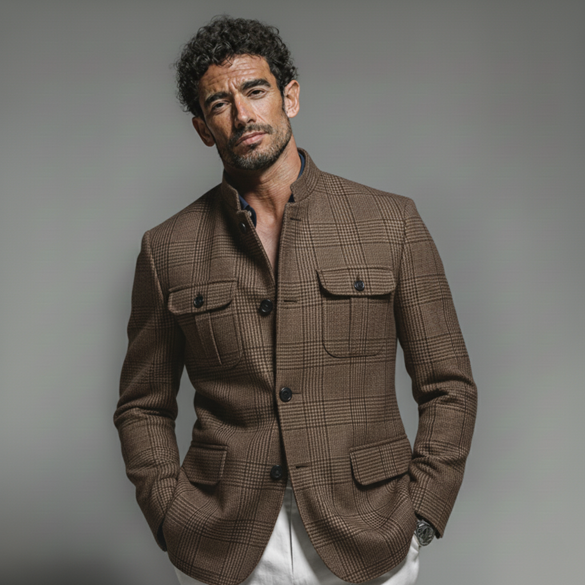 Men's Classic Vintage Stand-collar Houndstooth Blend Multi-pocket Jacket MTA1624L3K