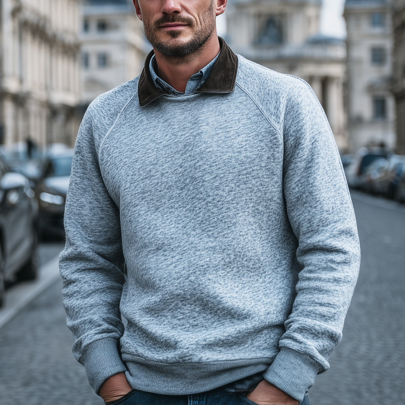 Men's Retro Light Grey Colorblock Lapel Casual Sweatshirt MTA1699J4U