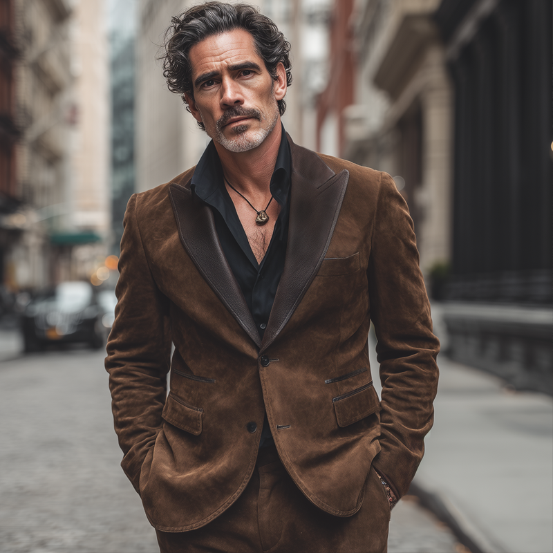 Men's Vintage Suede And PU Leather Collar Two-button Blazer MTA2004H6U