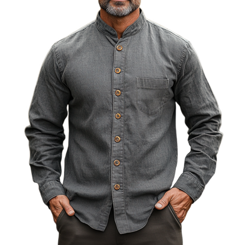 Men's Casual Vintage American Western Style Stand-up Collar Single-breasted Cotton Blend Washed Long-sleeved Shirt 60226351F