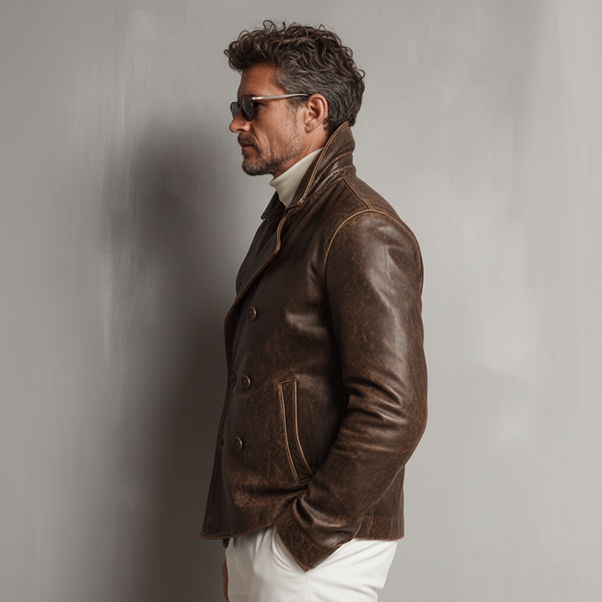 Men's Classic Vintage Distressed Lapel PU Leather Double-breasted Jacket MTA2205J0K