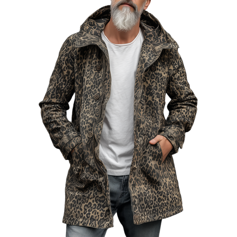 Men's Leopard Hooded Mid-length Casual Coat MTA1358H2Z