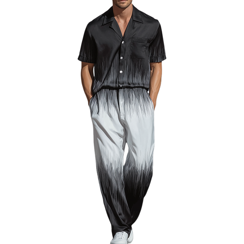 Men's Spring And Summer Fashion Casual Black And White Gradient Printed Satin Short Sleeve Shirt Pants Set MTA1077G0K