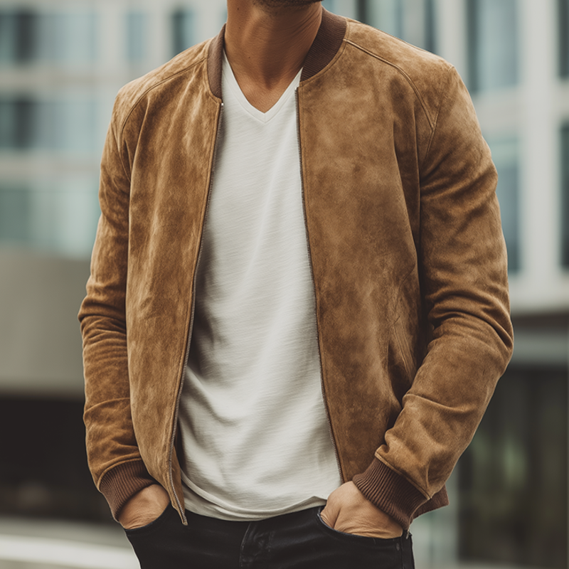 Men's Vintage Casual Suede Zip-Up Baseball Jacket MTA1099I0TO