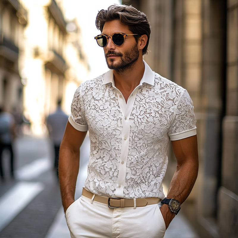 Men's Solid Lace Lapel Short Sleeve Shirt MTA2937E3Z