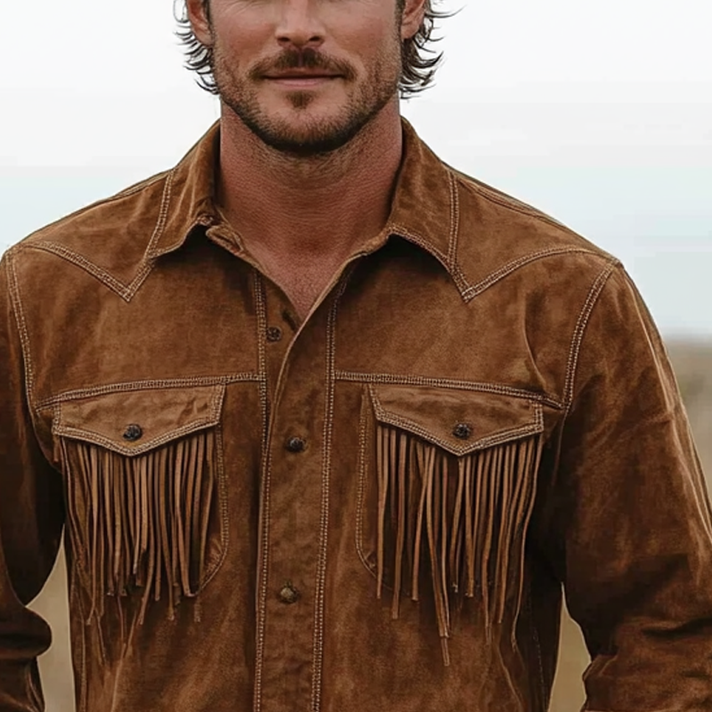 Men's Western Denim Tassel Pocket Faux Suede Long Sleeve Shirt MTA1999H1X