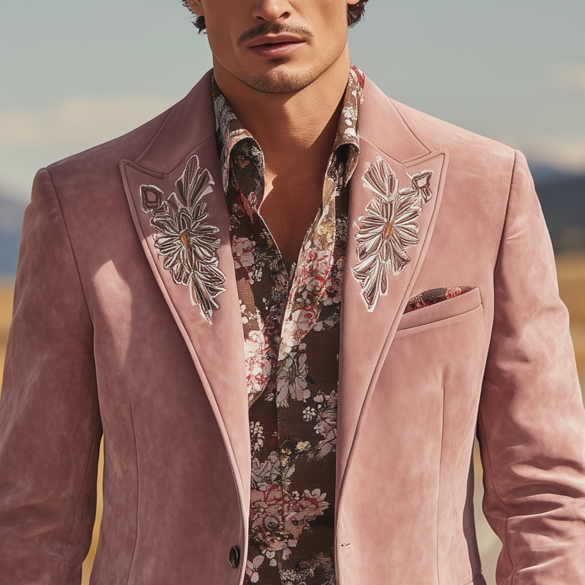 Men's Classic American Retro Western Style Embroidered Pink Suede Single-breasted Blazer MTA1873H0K