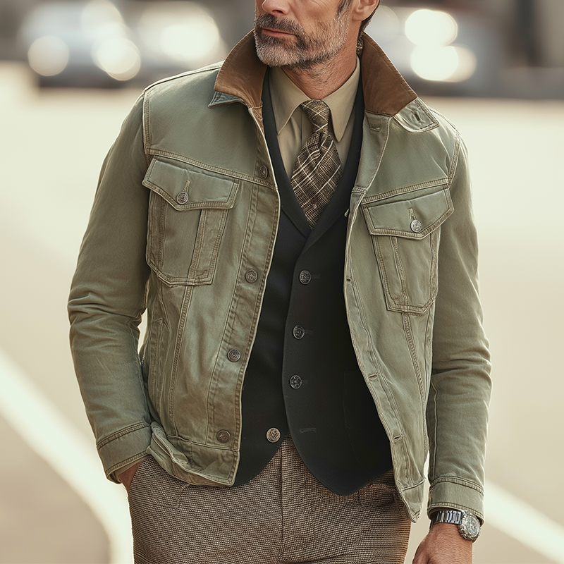 Men's American Retro Style Washed Denim Faux Suede Patchwork Jacket MTA0280I4P