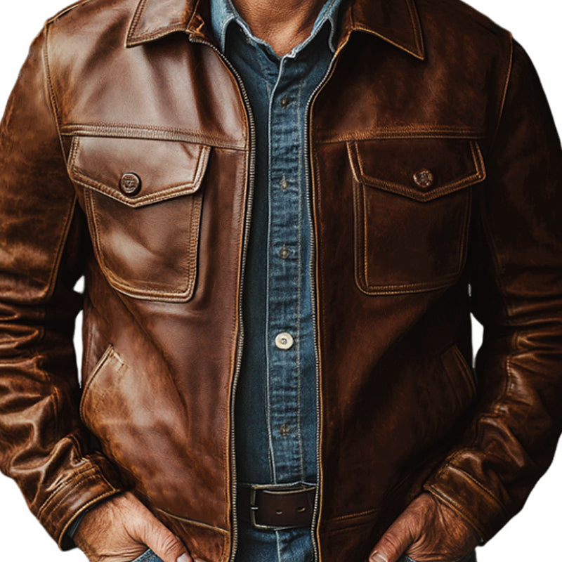 Men's Vintage Distressed Zipper Leather Jacket 99517427U