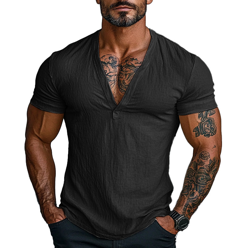 Men's Solid Color V-neck Short-sleeved Cotton T-shirt 42809952X