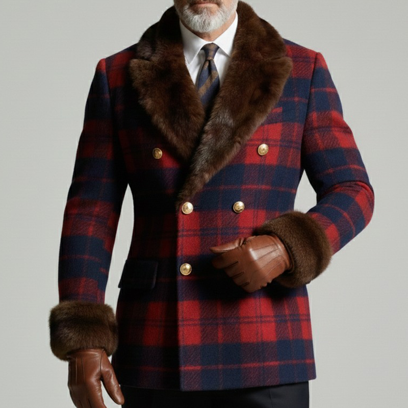Men's Retro Casual Plaid Fur Collar Blazer MTA2955K3TO