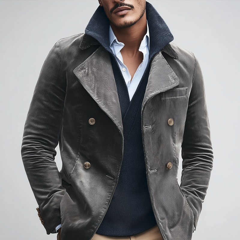 Men's Solid Corduroy Lapel Double Breasted Casual Jacket MTA1610I6Z