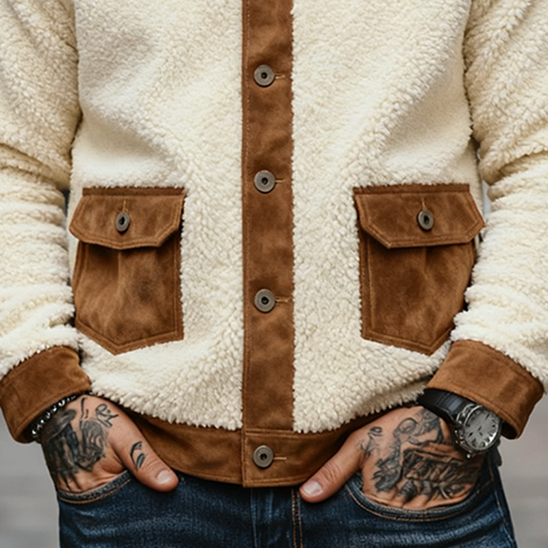 Men's Casual Fleece Patchwork Faux Suede Collar Button Jacket MTA1182K0X