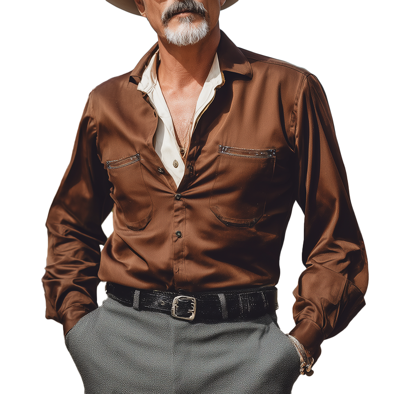 Men's Fashion Solid Color Lantern Sleeve Satin Long Sleeve Shirt MTA2973H2P