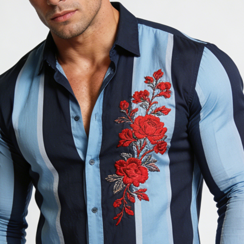 Men's Retro Casual Striped Embroidered Lapel Long-Sleeve Shirt MTA1957L5TO