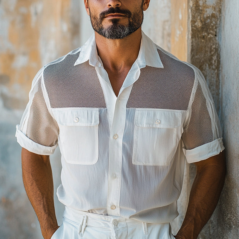 Men's Solid Color Stitching Multi-Pocket Short-Sleeved Shirt MTA2748E5X