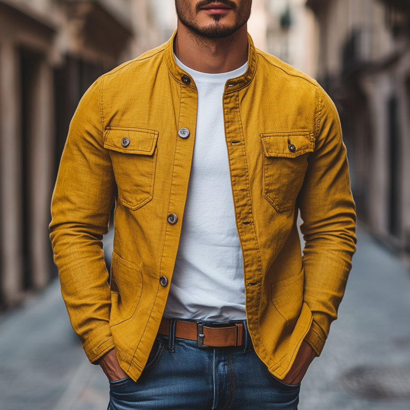 Men's Casual Breathable Solid Color Cotton Stand Collar Single Breasted Multi-pocket Cargo Jacket MTA0347G1M