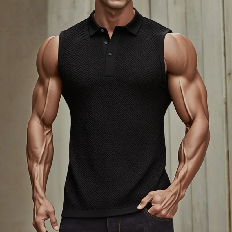 Men's Solid Color Textured Polo Collar Sleeveless Tank Top MTA1360F8Z