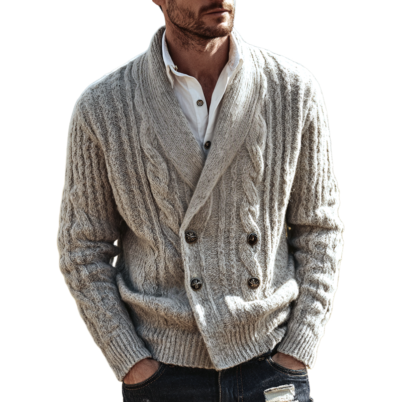 Men's Cable Knitted Shawl Collar Double Breasted Cardigan MTA0244I6Z