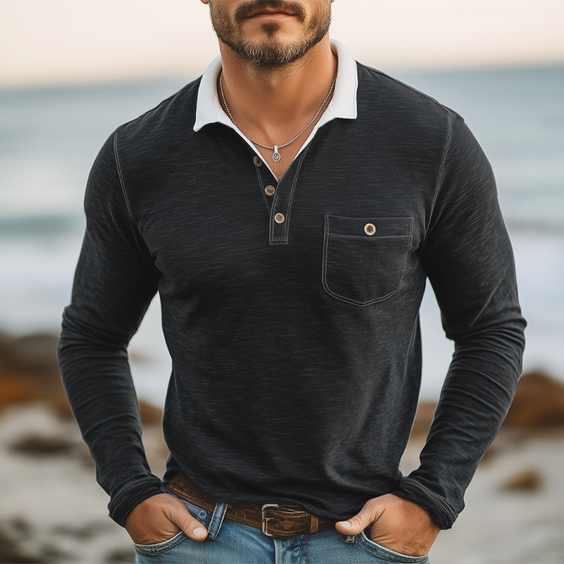 Men's Business Cotton Colorblock Collar Long Sleeve POLO Shirt MTA2504G3U