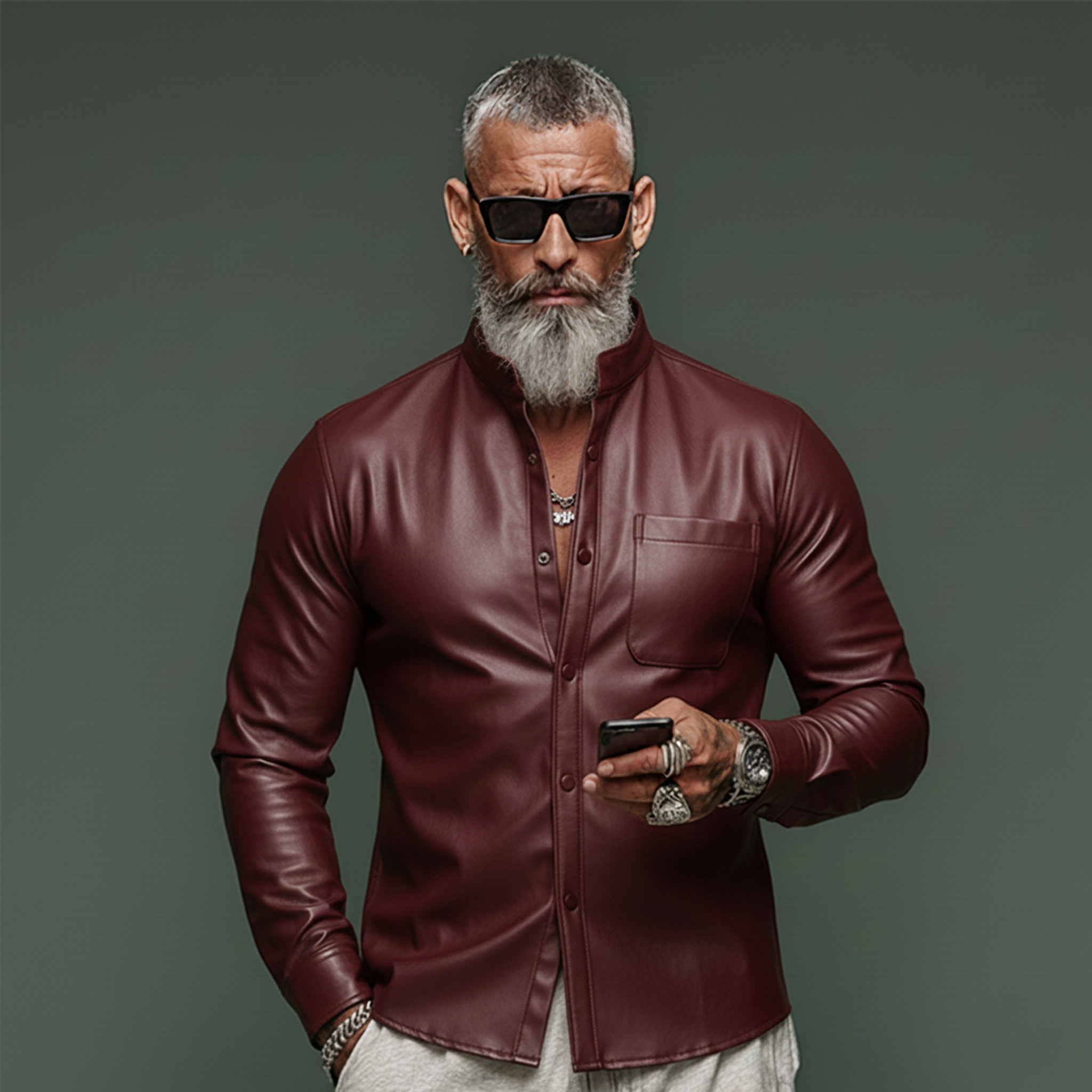 Men's Classic Vintage Slim-fit PU Leather Long-sleeved Shirt MTA1542L1K