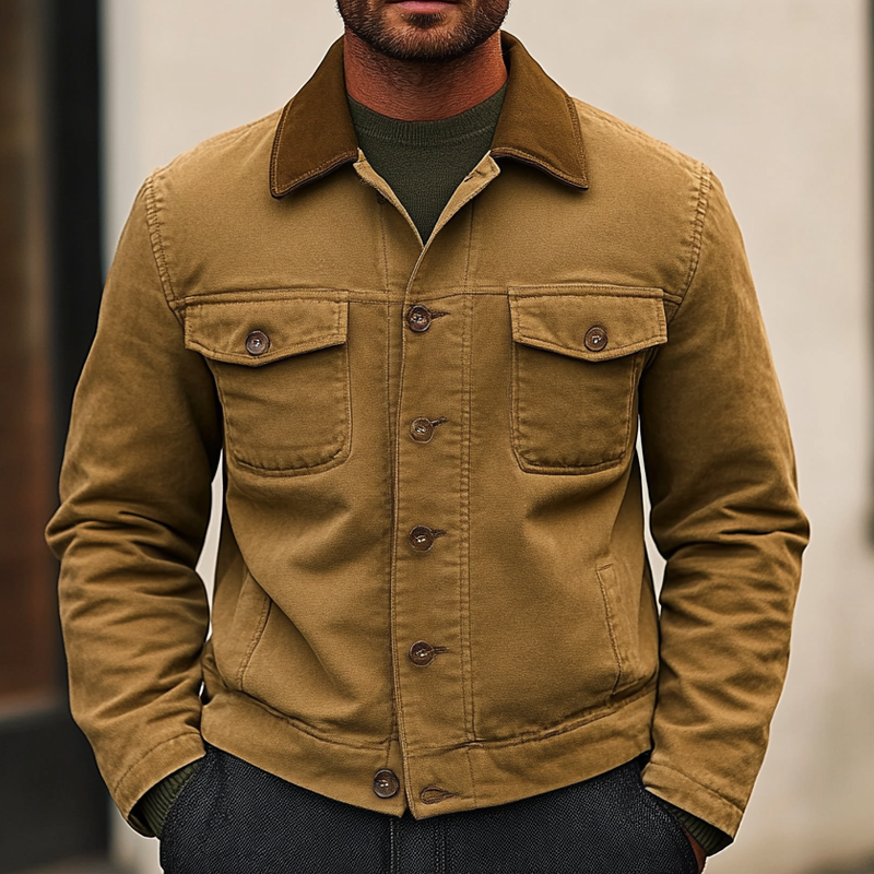 Men's Cotton Contrast Lapel Single-breasted Washed Work Jacket MTA1392J1X