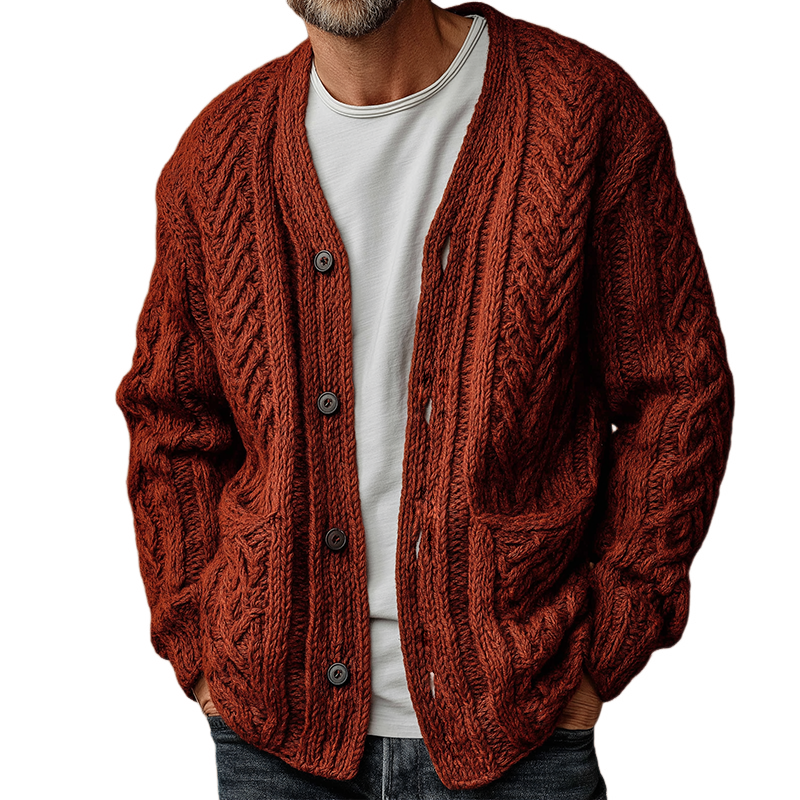Men's Retro Casual Solid Color Cable-knit Button Cardigan MTA1937I6TO