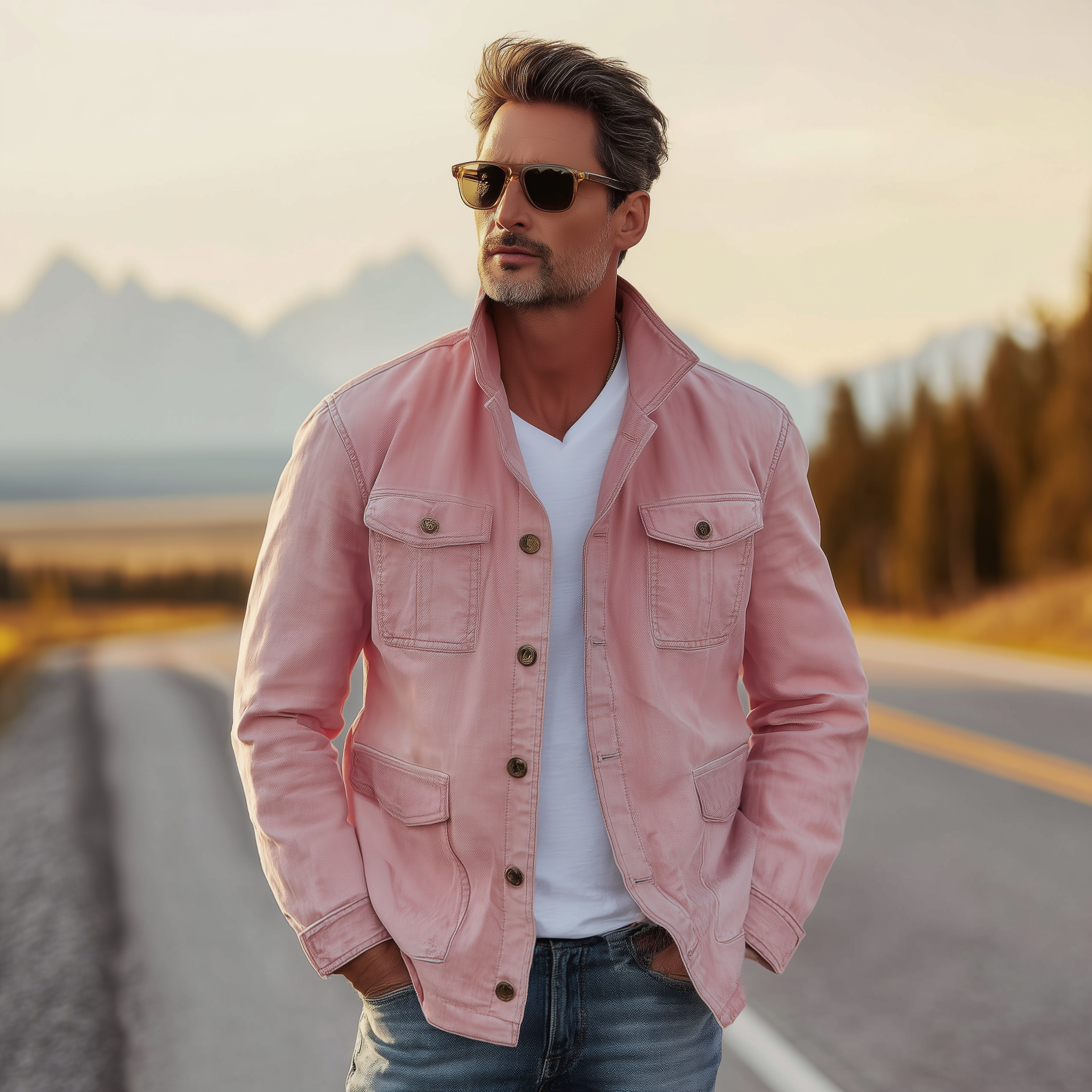Men's Classic American Retro Western Style Stand Collar Washed Pink Denim Multi-pocket Jacket MTA2096H5K