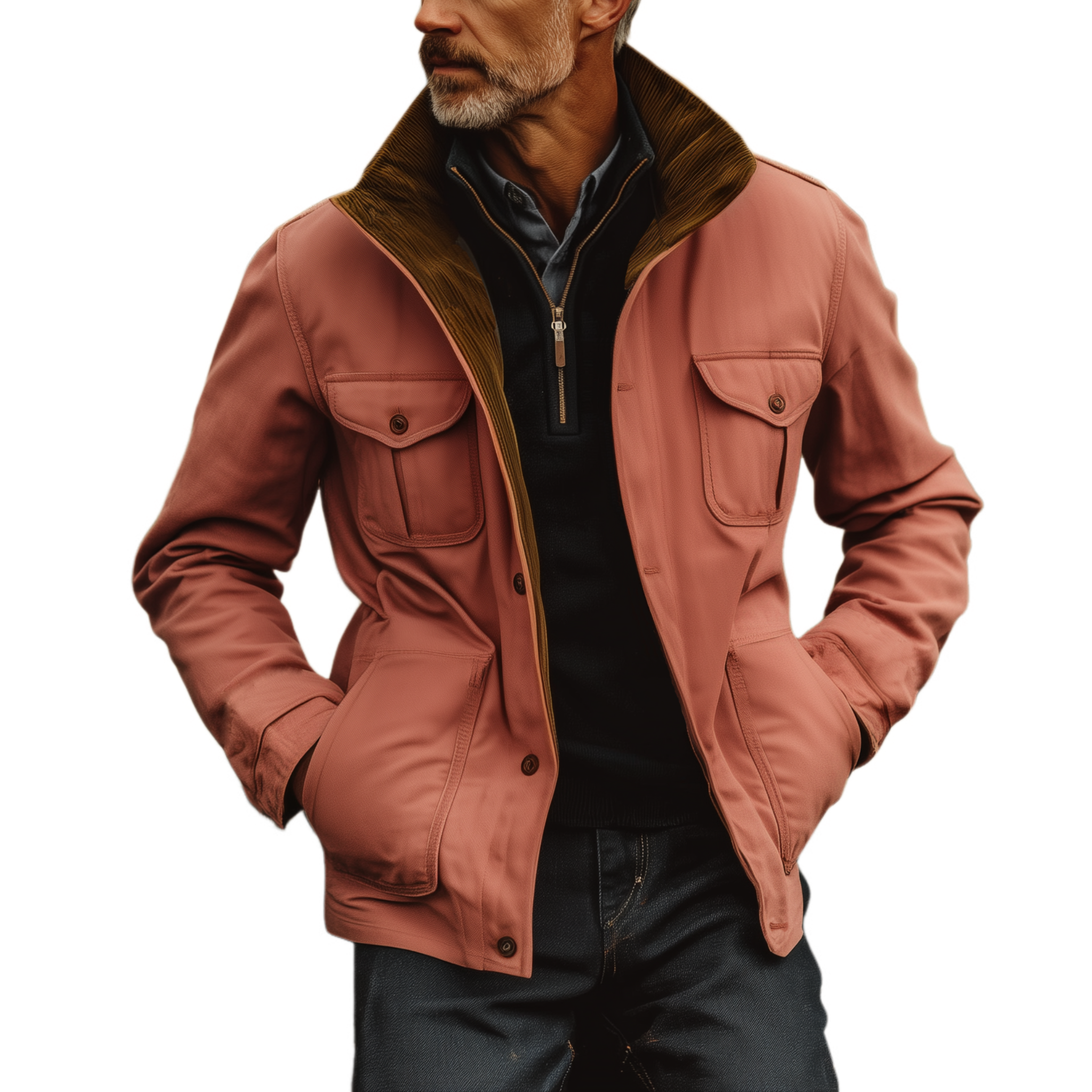 Men's Classic Western Retro Style Stand Collar Multi-pocket Pink Cotton Blend Jacket MTA0520I2K