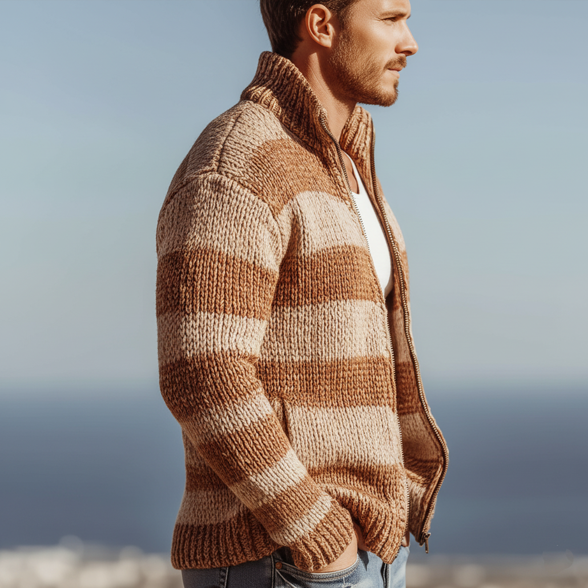 Men's Classic Casual Stand-up Collar Contrast Color Horizontal Stripes Slim Zipper Cardigan MTA2726J7K