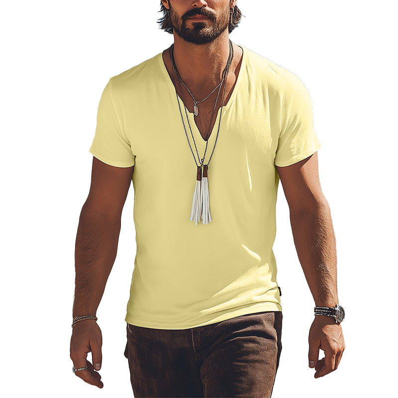 Men's Solid Color Small V-Neck Cotton And Linen Short-Sleeved T-Shirt MTA2933G7P