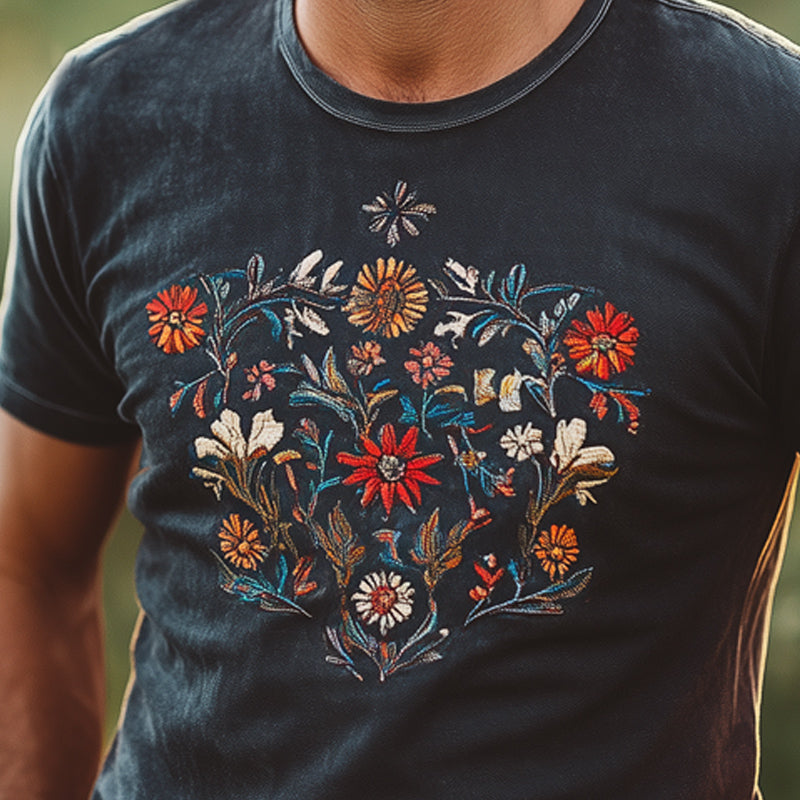 Men's Vintage Floral Embroidery Round Neck Short Sleeve T-Shirt MTA2806D1U