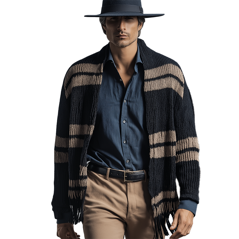 Men's Winter Fashion Striped Knitted Tassel Shawl Cardigan MTA0271I1P