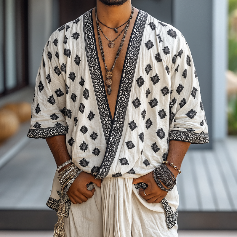 Men's Retro Casual Ethnic Print Collarless Elbow-Length Sleeve Shirt MTZ1195B3TO