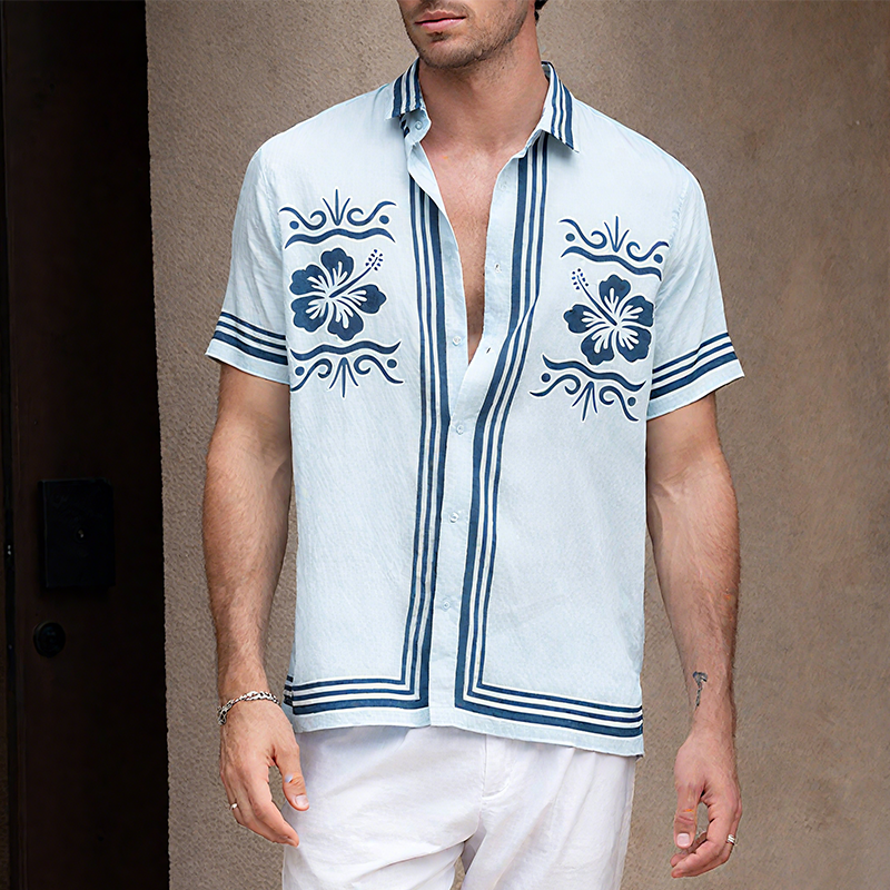 Men's Summer Casual Tencel Cotton Floral Print Lapel Short Sleeve Shirt MTA0233G5K
