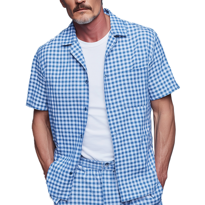 Men's Summer Fashion Plaid Cotton And Linen Short Sleeve Shirt MTA0120G9P