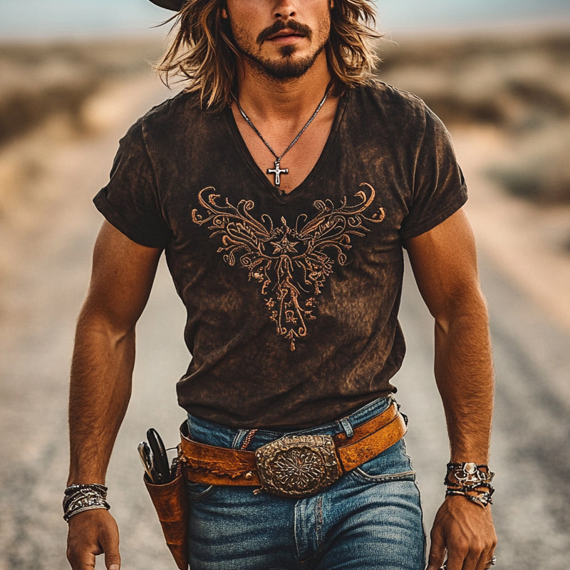 Men's Western Cowboy Retro V-neck Embroidered Short Sleeve T-shirt MTA1389E4X