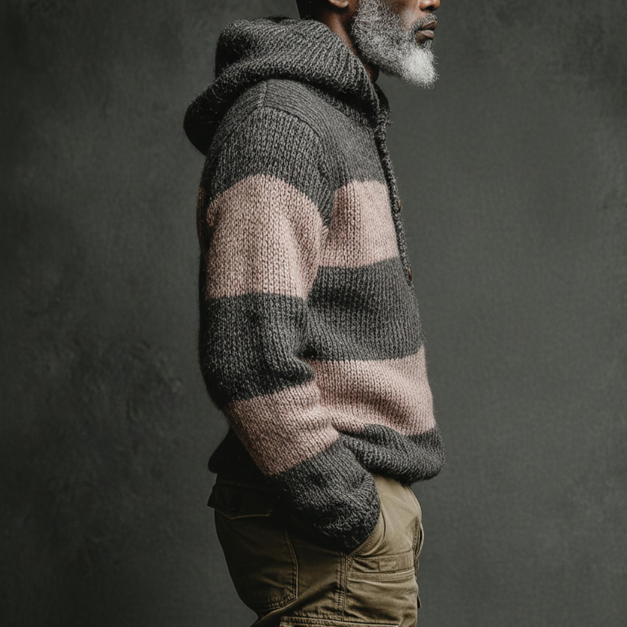Men's Classic Casual Pink And Grey Horizontal Striped Hooded Loose-Fit Sweater MTA2800I9K