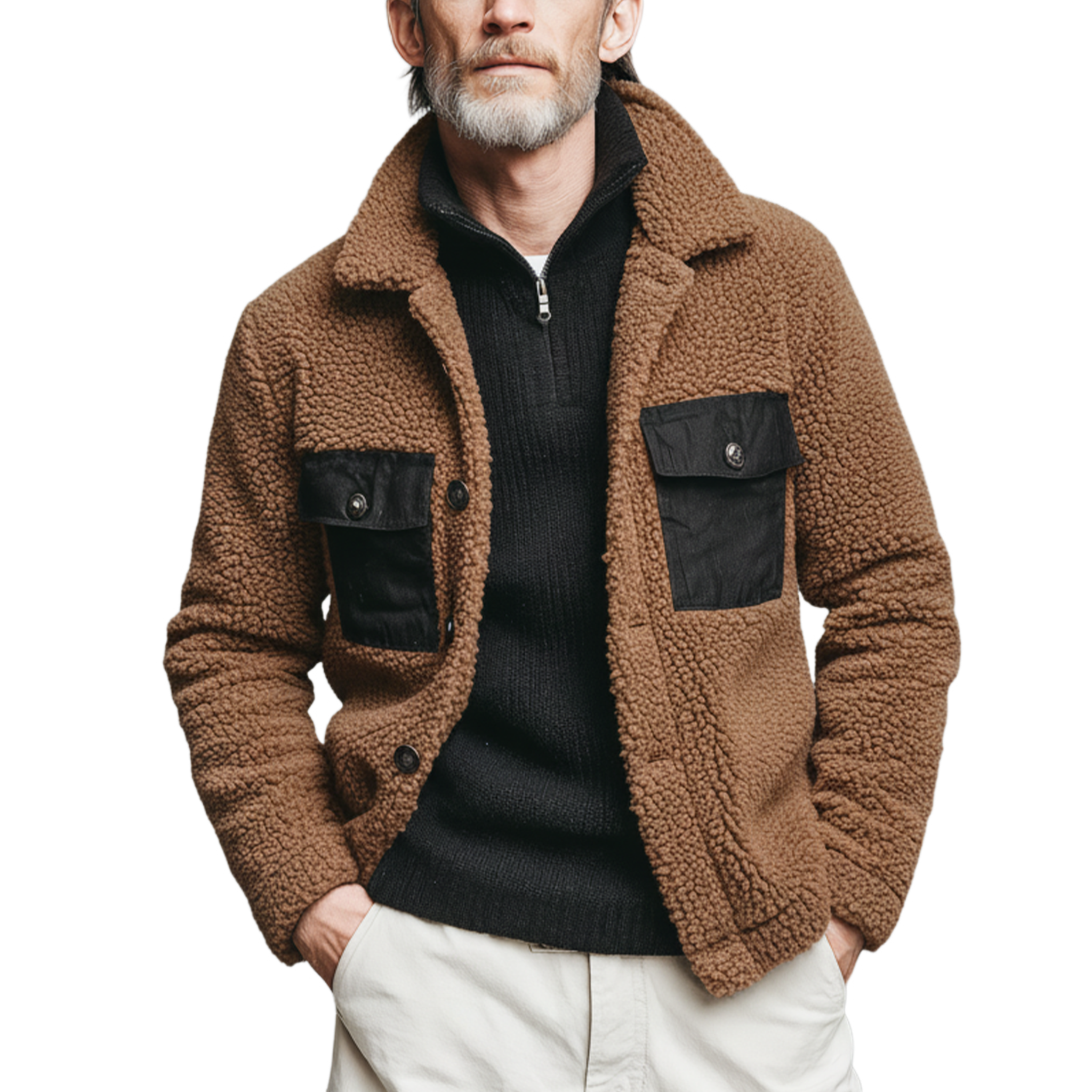 Men's Classic Casual Lapel Cotton Blend Pocket Button Teddy Fleece Jacket MTA1757J2K
