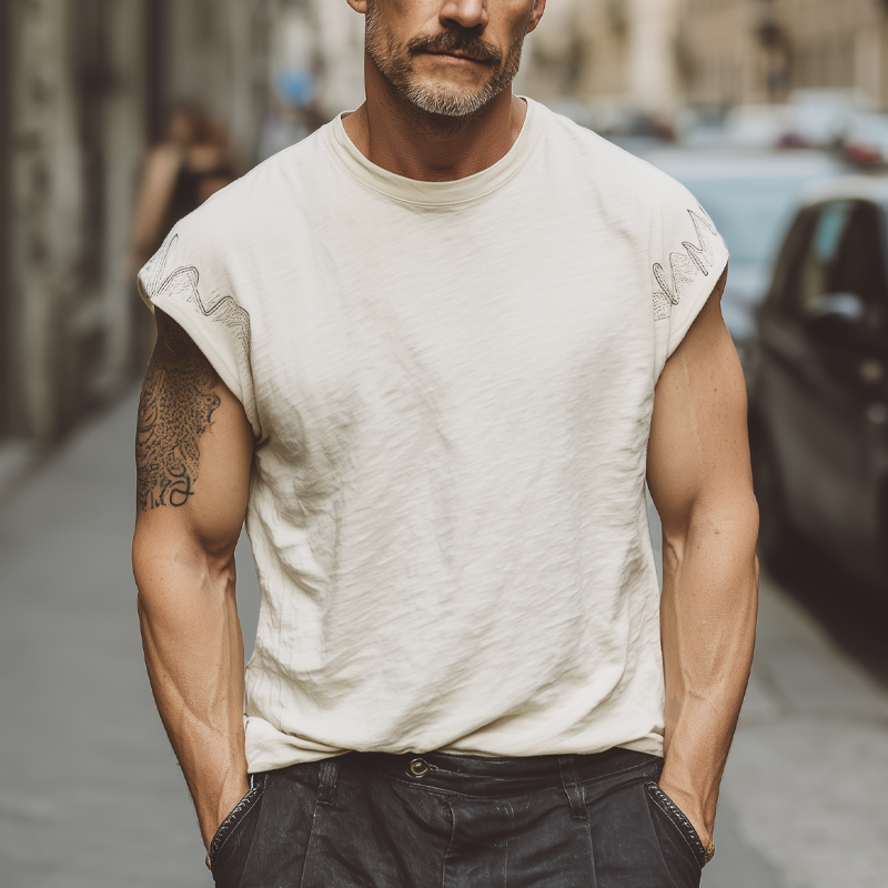 Men's Summer Slub Fabric Embroidered Round Neck Short Sleeve T-Shirt MTA1734G3U