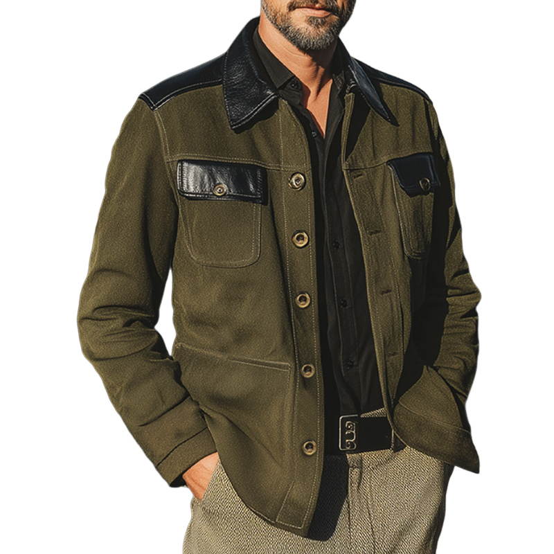 Men's Classic Colorblock Tweed And PU Leather Button Jacket MTA1636I4U