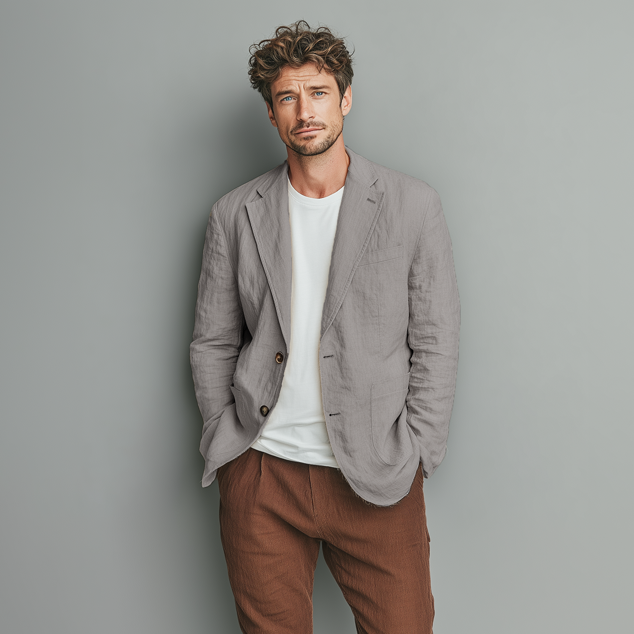 Men's Classic Casual Cotton And Linen Solid Color Single-breasted Two-button Blazer MTA2530G6K