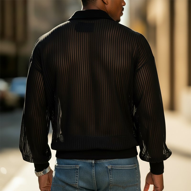 Men's Fashionable Faux Velvet Striped Sheer V-neck Long-sleeved Shirt MTZ1638A7P