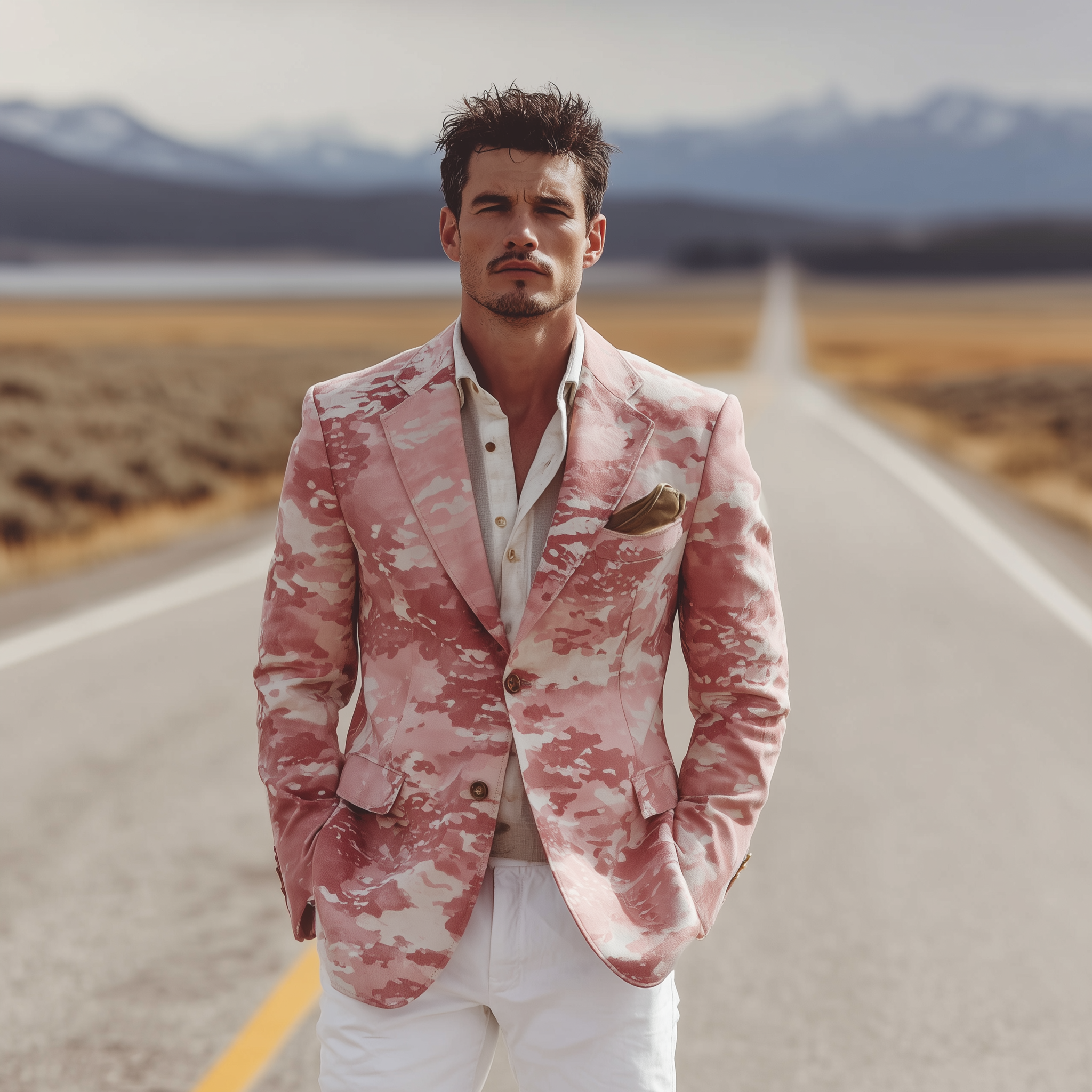 Men's Classic Casual Pink Camouflage Suede Single-Breasted Blazer MTA2865H3K