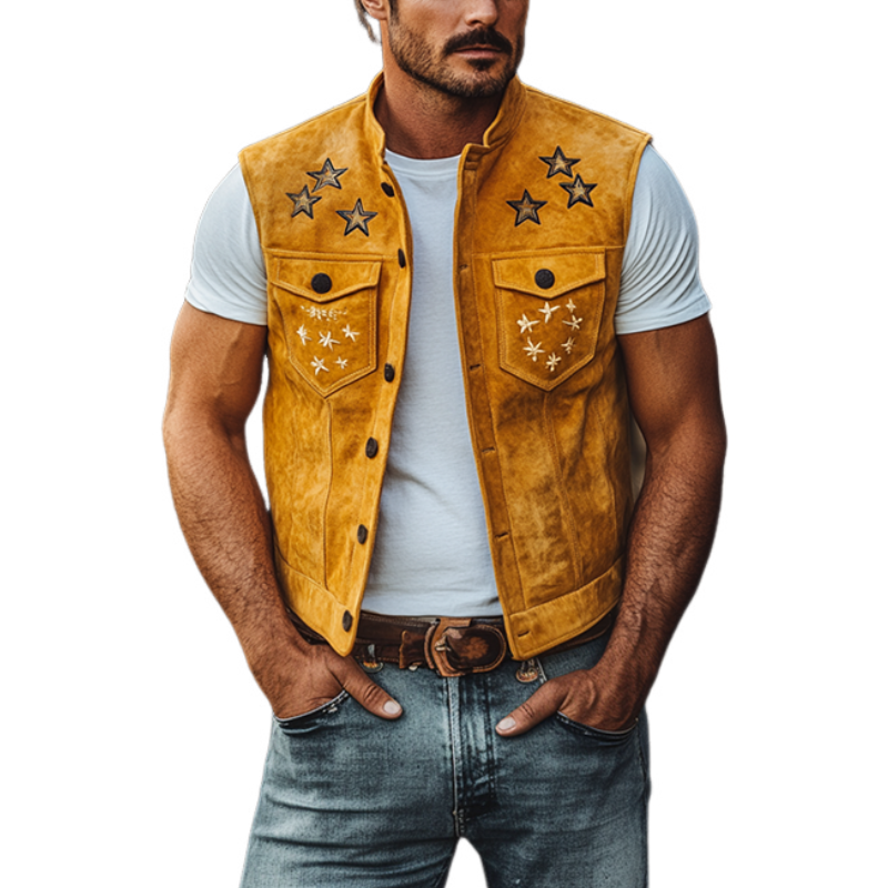 Men's Classic Retro American Western Embroidery Slim Stand Collar Suede Vest 06825833K