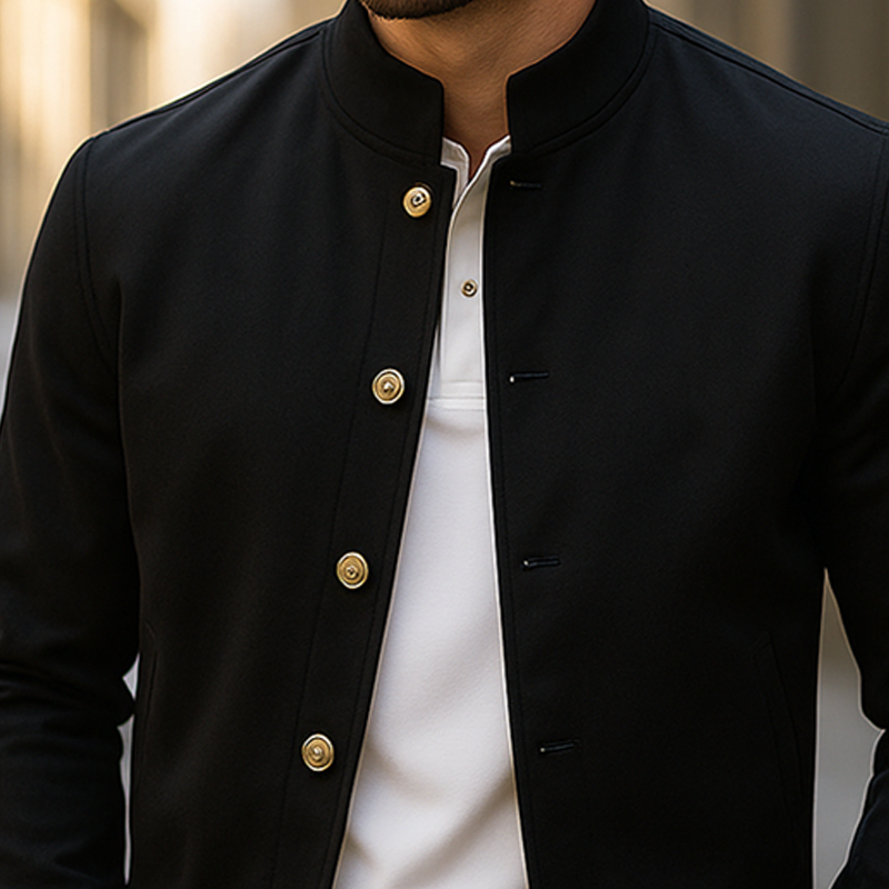 Men's Gold Metal Single Breasted Stand Collar Short Casual Jacket MTA1955G1Z