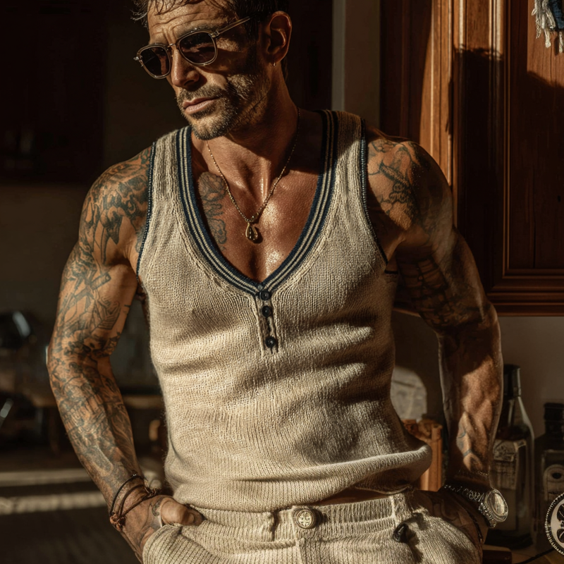 Men's Contrast Knit Button Pullover Tank Top MTA0492G5X
